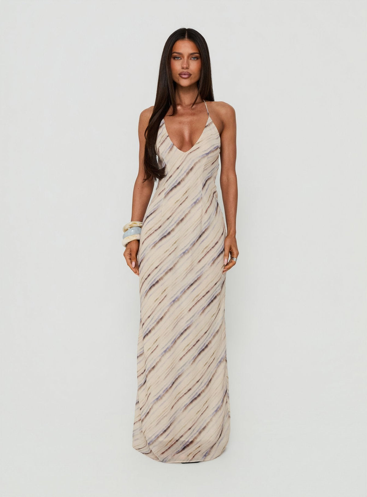 #NOVERA - Vestido Largo Esmira Crema de Rayas Halter -