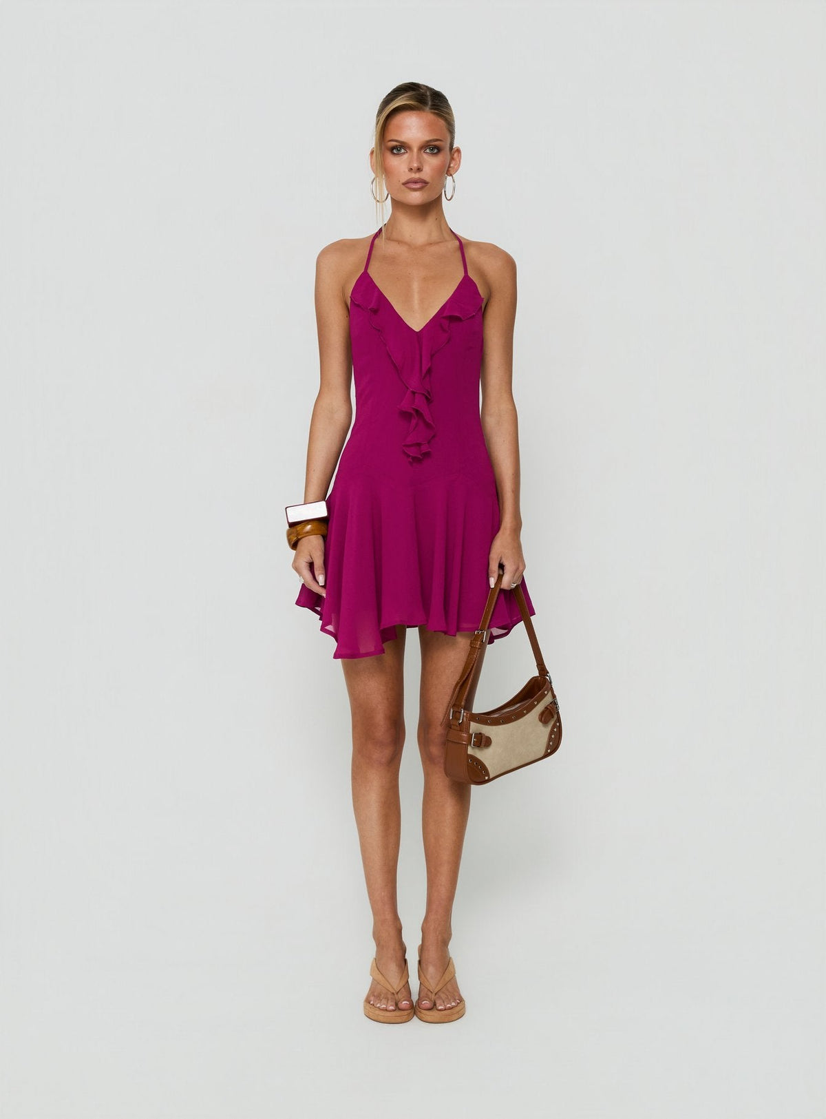 #NOVERA - Vestido Mini Blondie Ciruela con Volantes Halter -