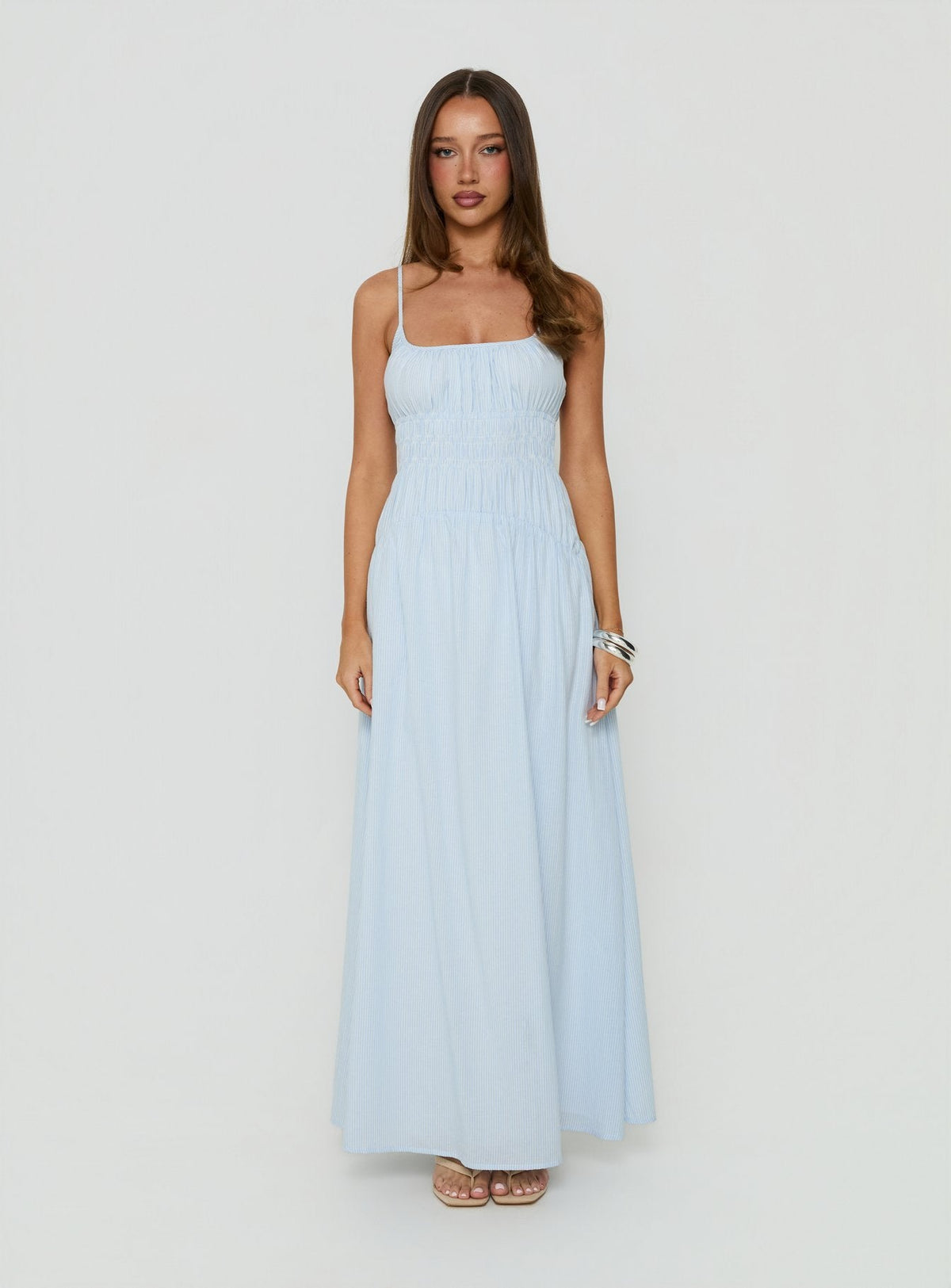 #NOVERA - Vestido Largo Magnolie Azul de Rayas Fruncido -
