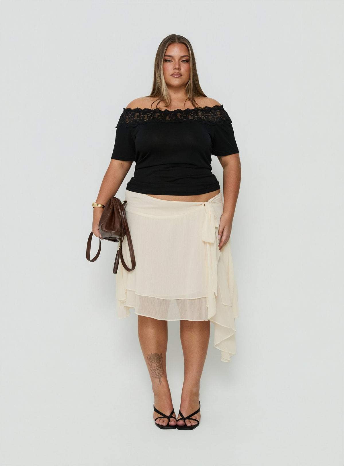 #NOVERA - Falda Midi Ophella Crema con Lazo de Gasa Talla Grande -