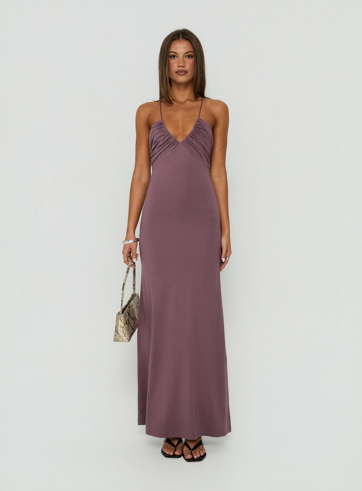 #NOVERA - Vestido Largo Esolda Malva Empolvado Fruncido -
