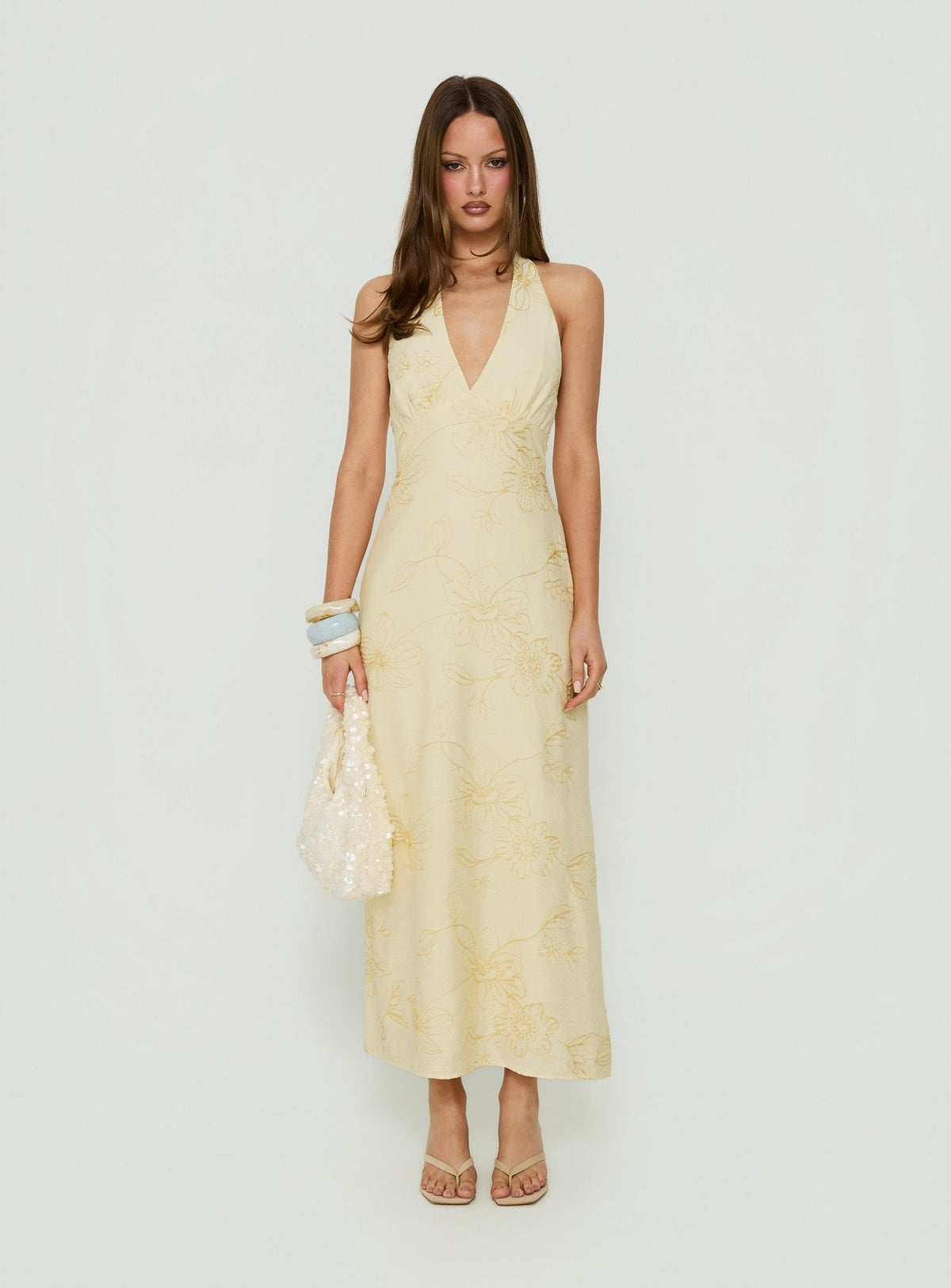 #NOVERA - Vestido Midi Luisella Amarillo de Flores Halter -
