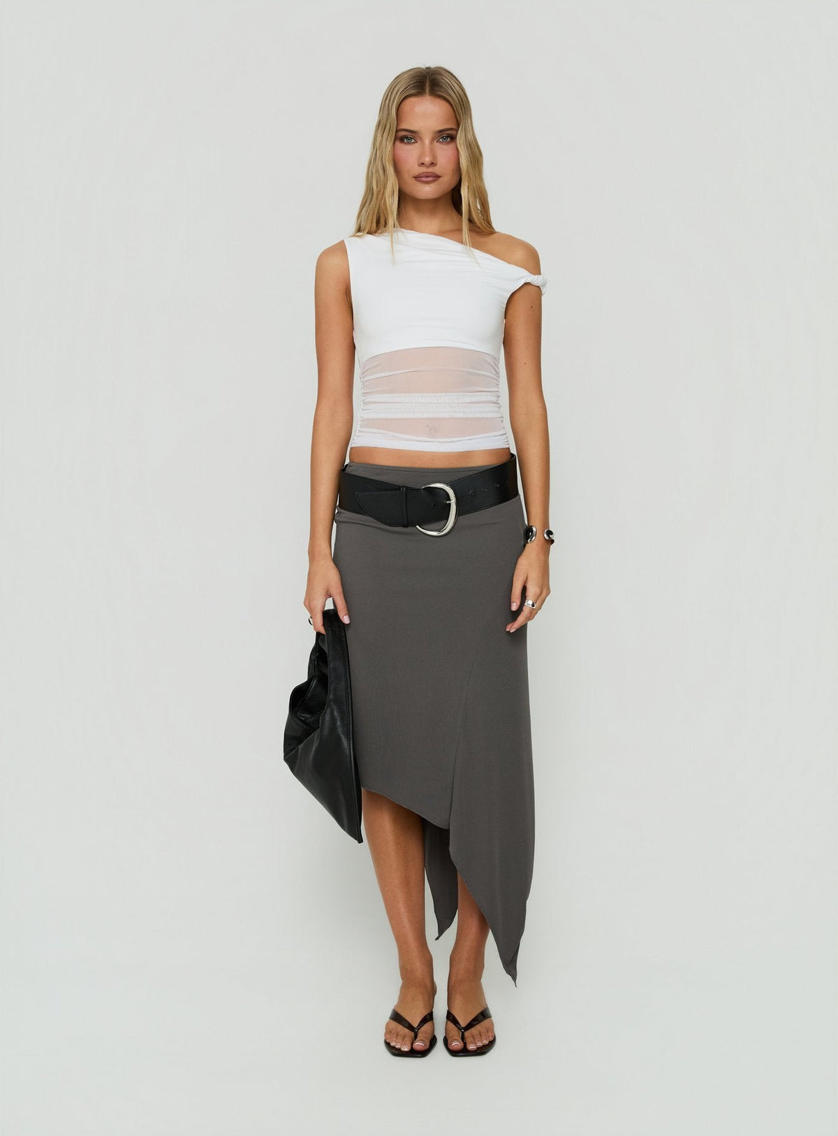#NOVERA - Falda Midi Aviza Gris Asimétrica -