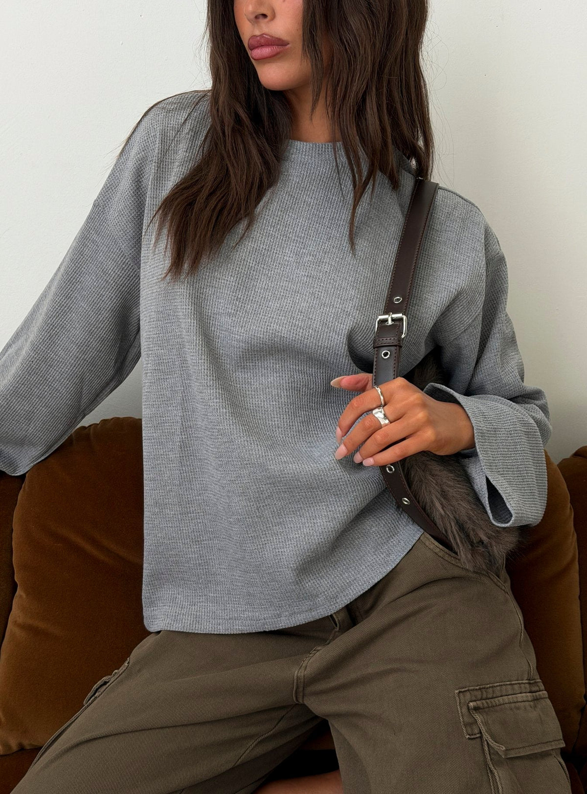 #NOVERA - Top Arlla Gris de Gofre de Manga Larga -
