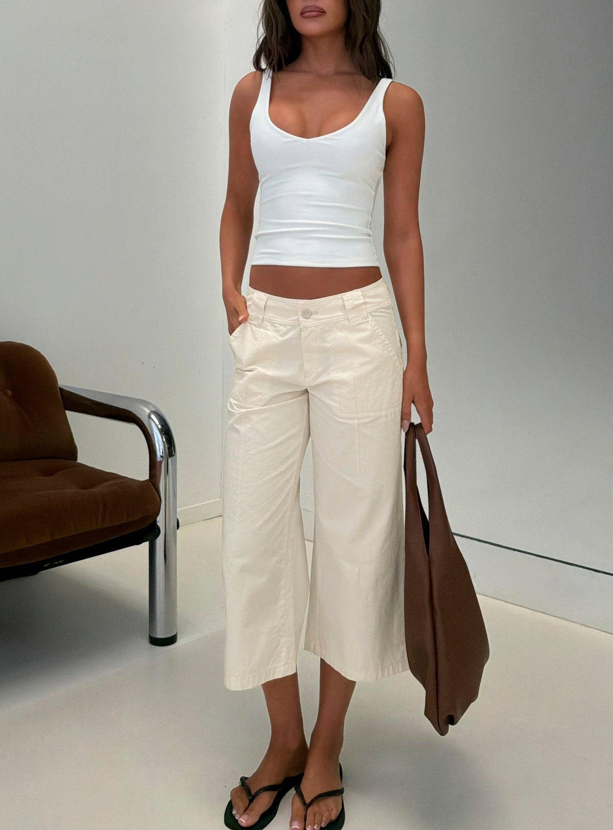#NOVERA - Pantalón Capri Miska Blanco Roto de Pierna Ancha -