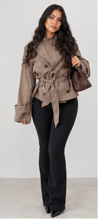 #NOVERA - Chaqueta Cruzada Otoño – Cuadros Canela