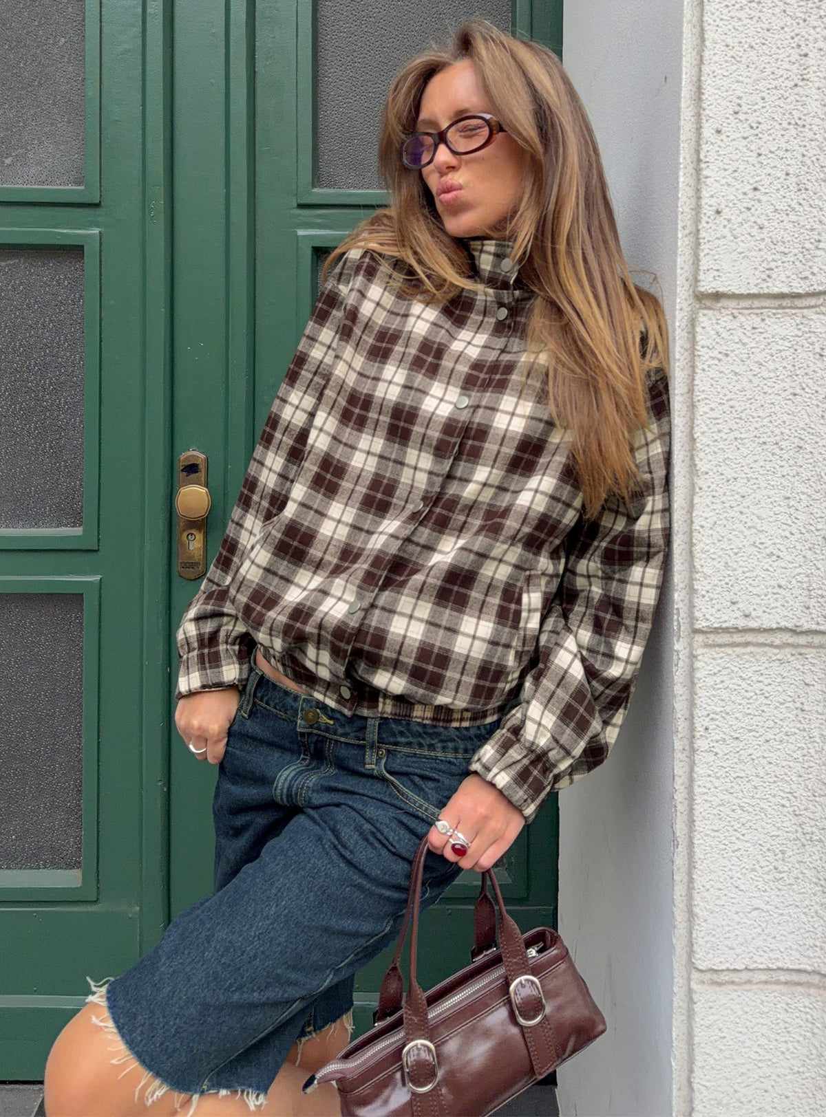 #NOVERA - Chaqueta Khodana Marrón de Cuadros de Cuello Alto con Botones -
