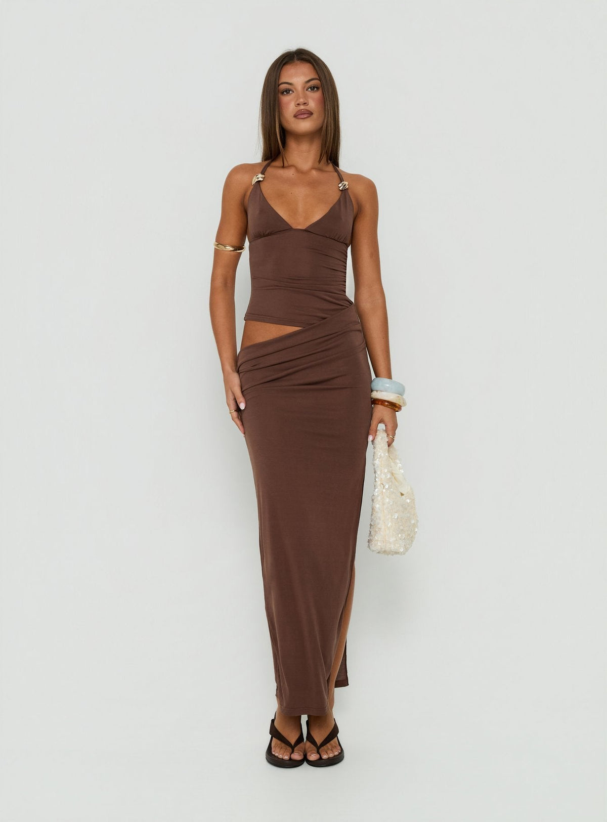 #NOVERA - Vestido Largo Imeraldia Hardware Chocolate Halter -