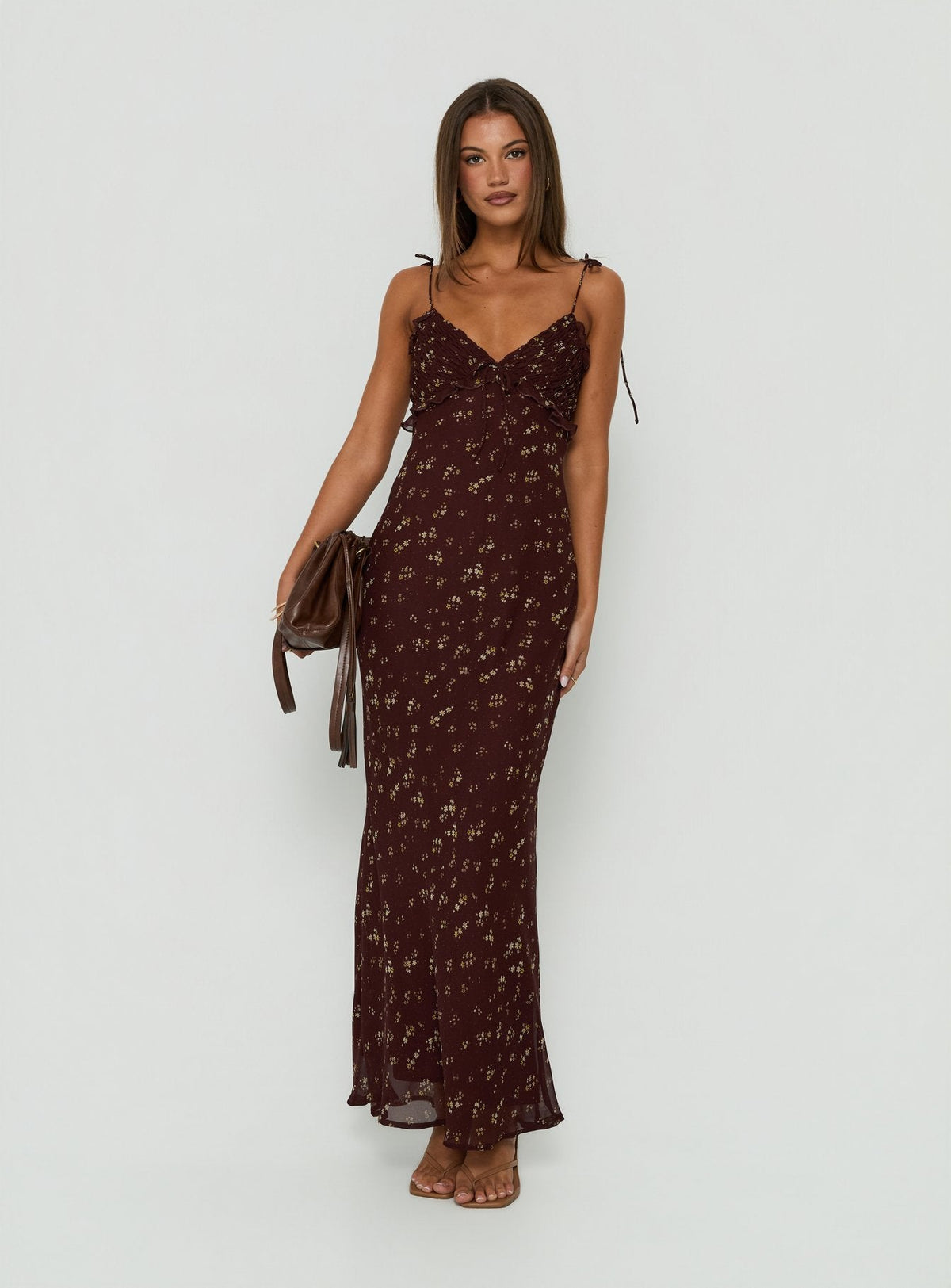#NOVERA - Vestido Largo Morcar Marrón y Amarillo de Flores con Volantes con Cuello en V -