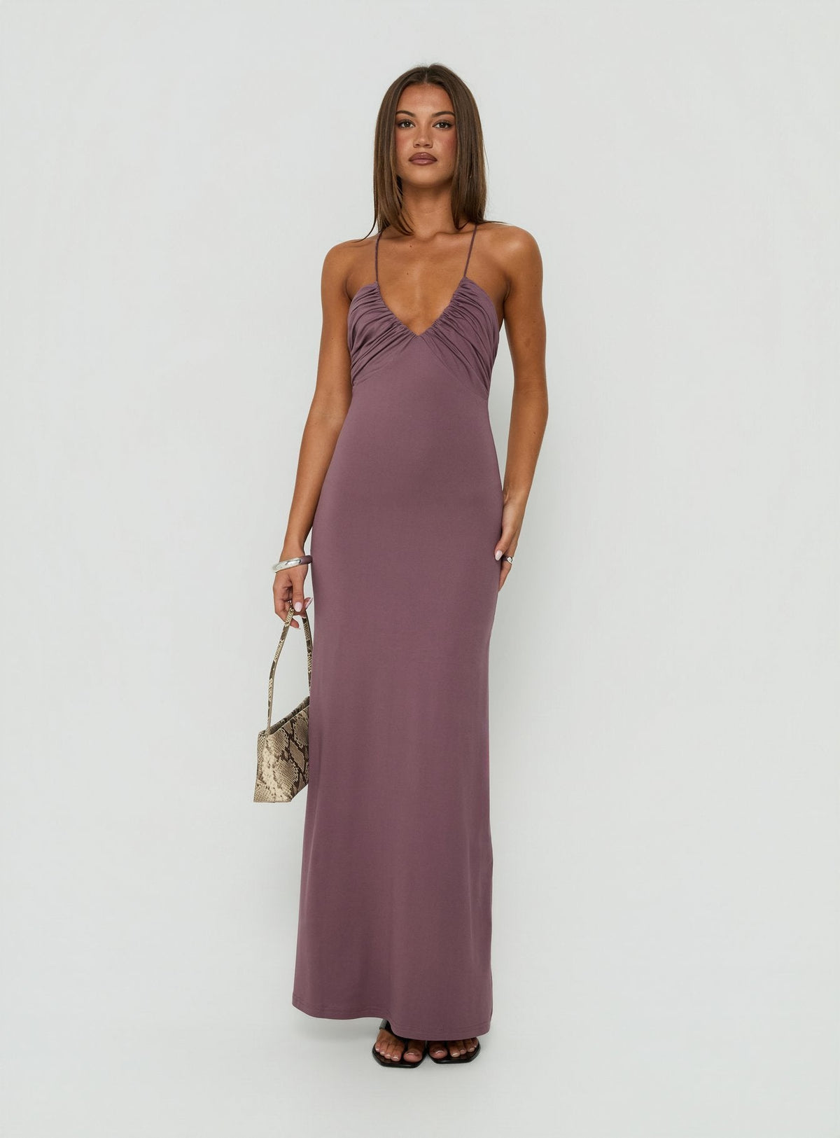 #NOVERA - Vestido Largo Esolda Malva Empolvado Fruncido -