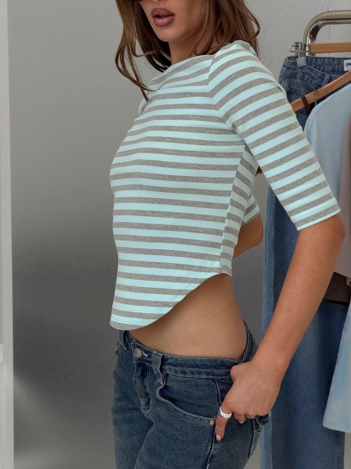 #NOVERA - Top Cecielea Azul y Gris de Rayas de Manga 3/4 -