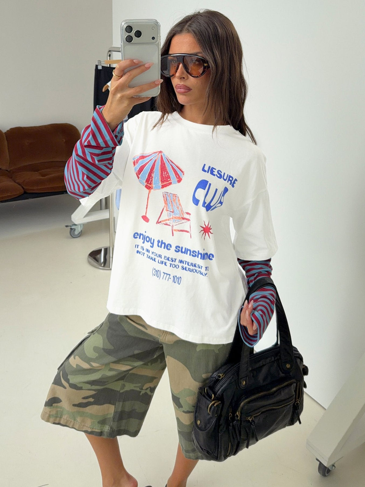 #NOVERA - Camiseta Gema Blanca y Azul de Rayas de Capas de Manga Larga -