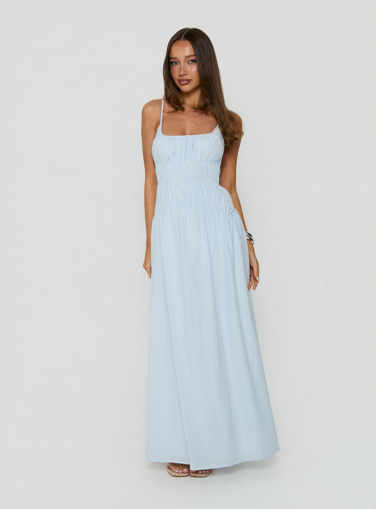 #NOVERA - Vestido Largo Magnolie Azul de Rayas Fruncido -