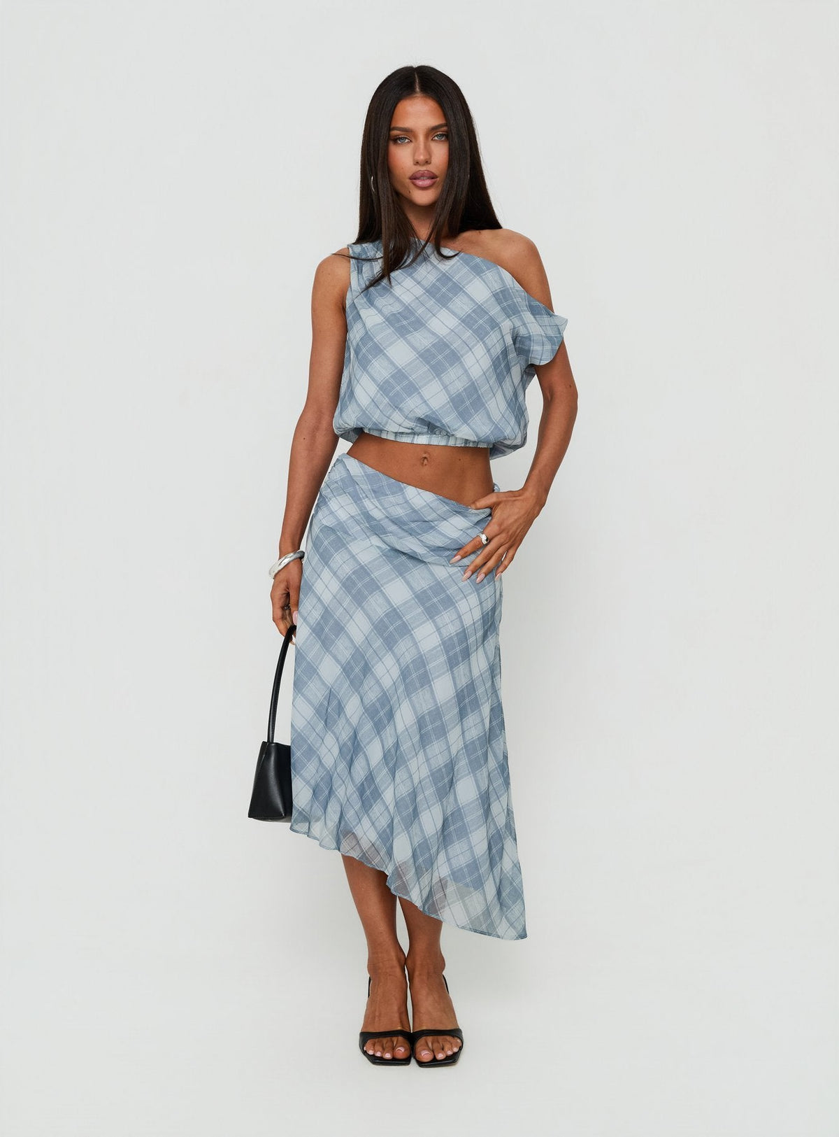 #NOVERA - Falda Midi Sabbine Azul de Cuadros Asimétrica -