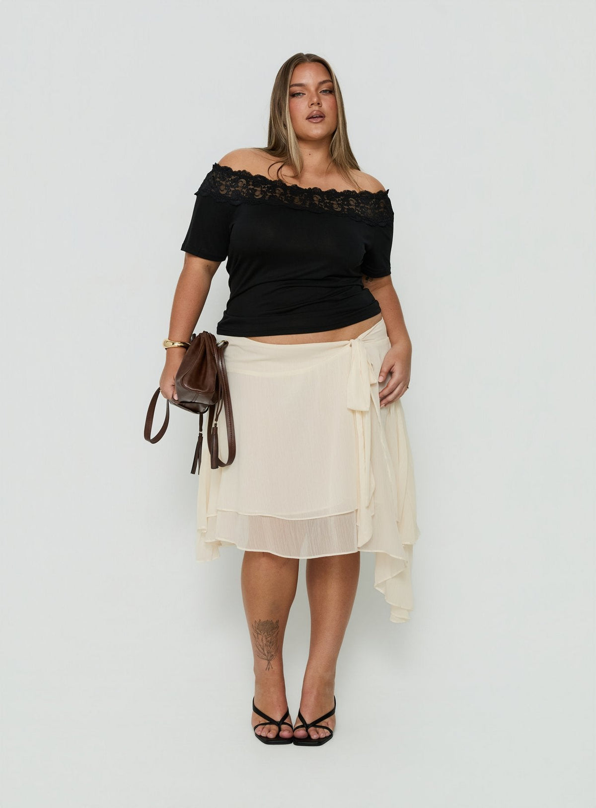 #NOVERA - Falda Midi Ophella Crema con Lazo de Gasa Talla Grande -