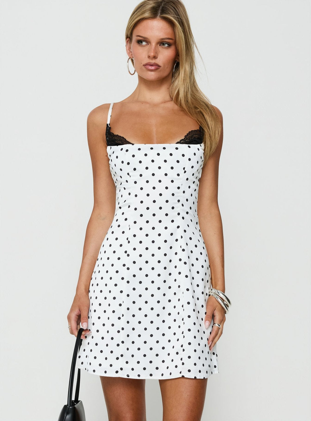 #NOVERA - Vestido Mini Aroa Blanco Negro de Lunares Corsé de Encaje -