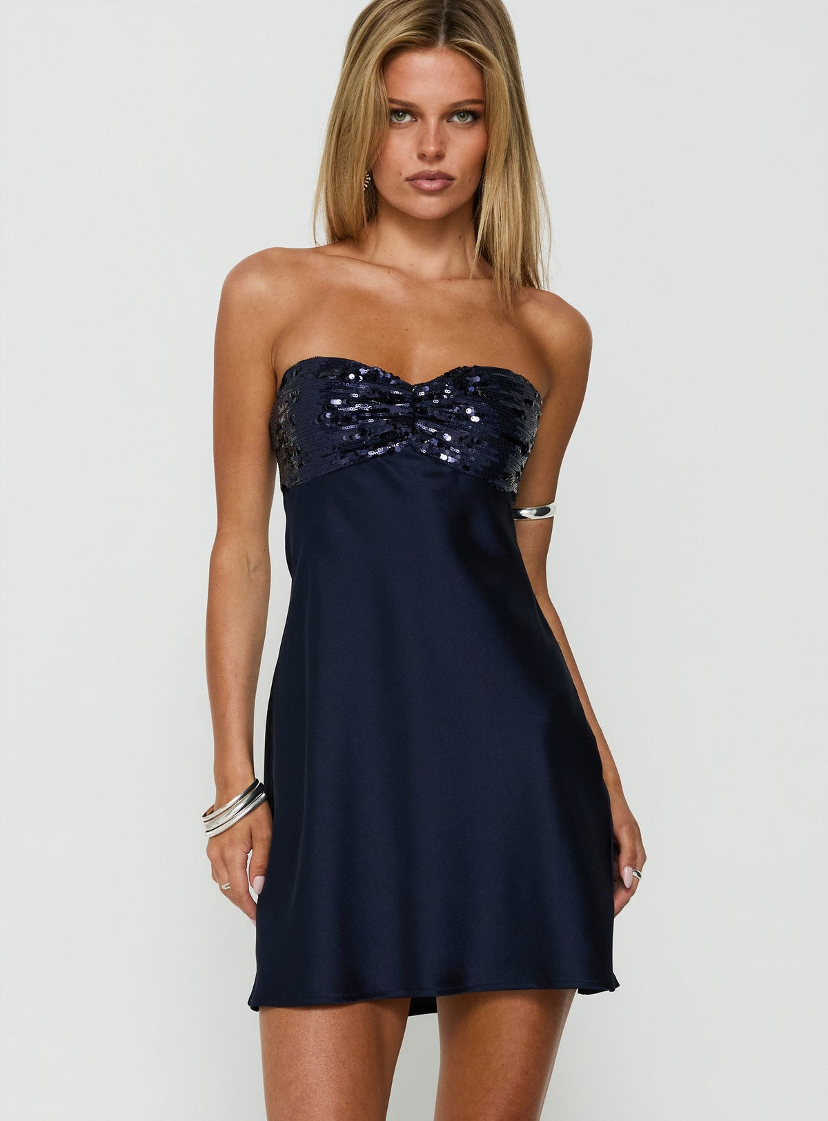 #NOVERA - Vestido Mini Lanzarote Azul Marino de Lentejuelas Palabra de Honor -