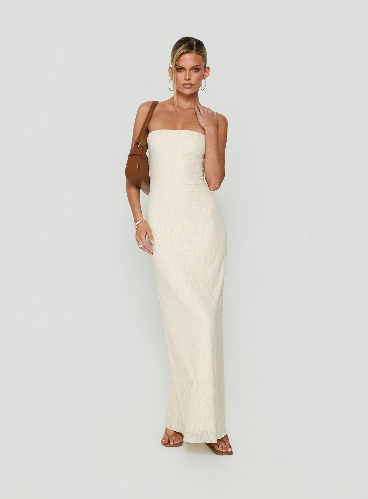 #NOVERA - Vestido Largo Annarosa Crema Palabra de Honor de Encaje -