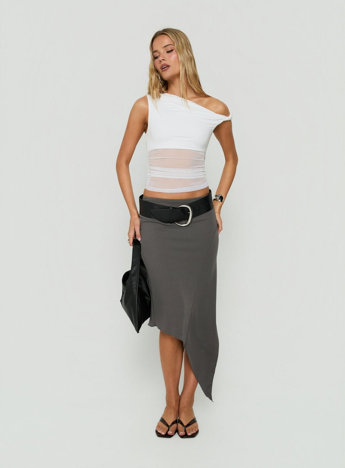 #NOVERA - Falda Midi Aviza Gris Asimétrica -