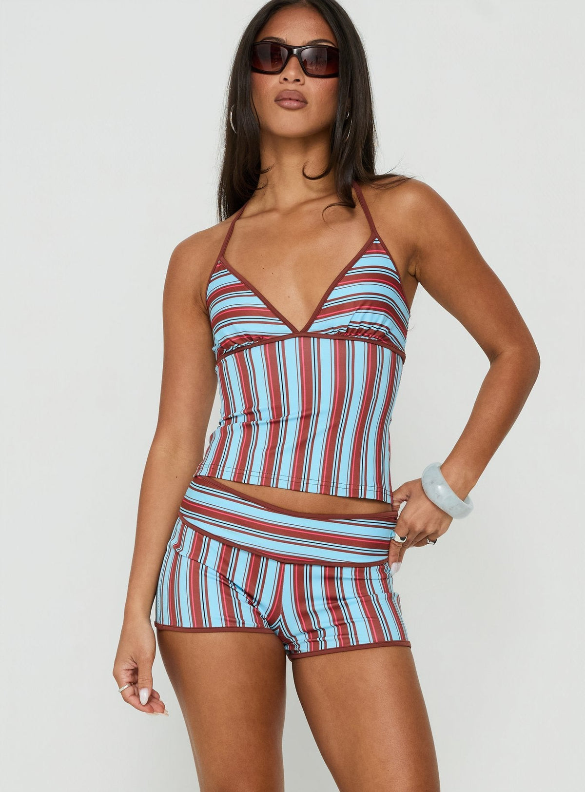 #NOVERA - Shorts Makira Marrón y Azul de Rayas -