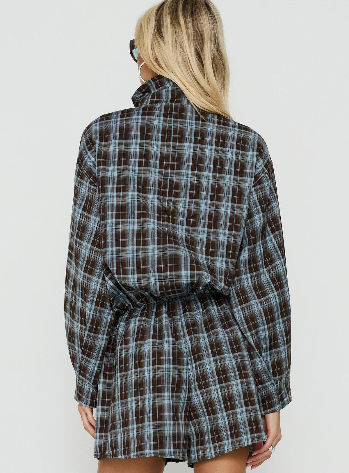 #NOVERA - Chaqueta Lunna Azul y Marrón de Cuadros de Cuello Alto -