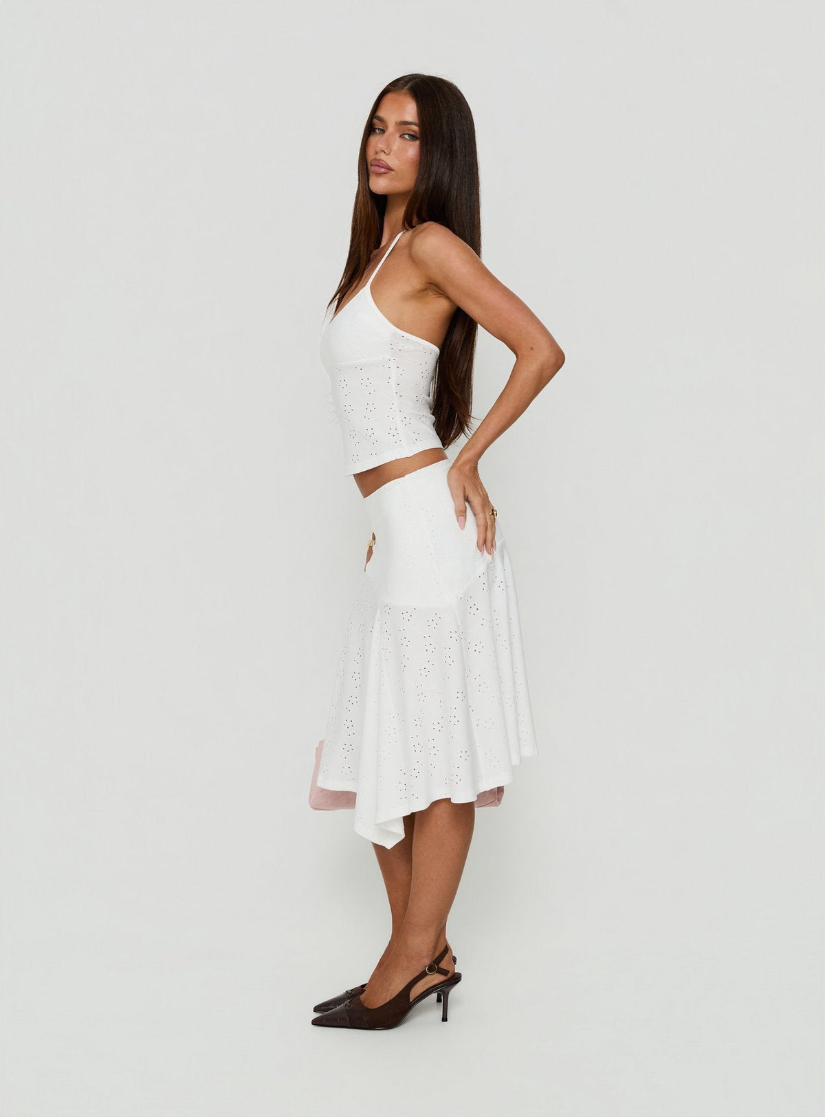 #NOVERA - Falda Midi Opalie Blanca Bordado Asimétrica -