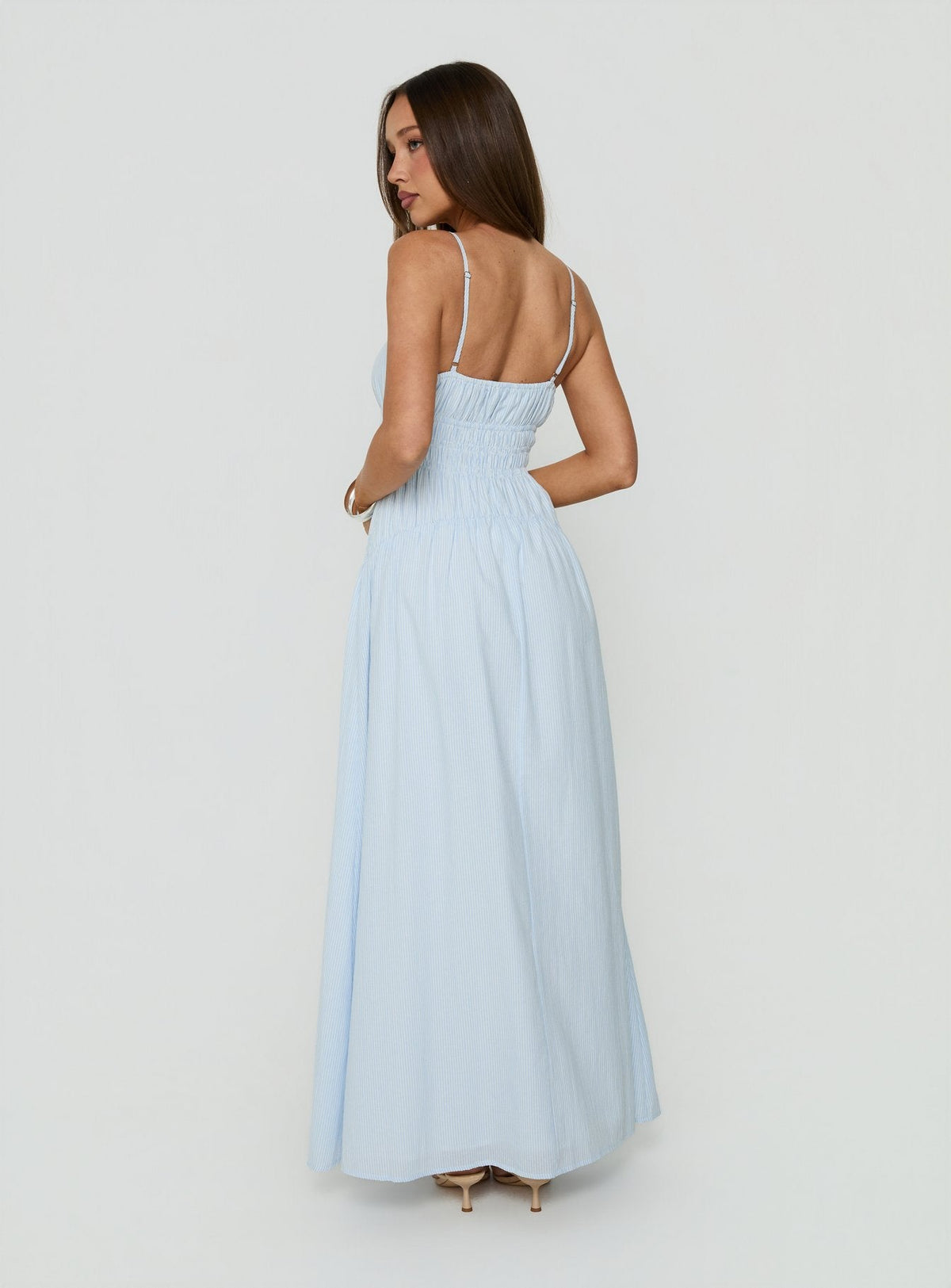 #NOVERA - Vestido Largo Magnolie Azul de Rayas Fruncido -