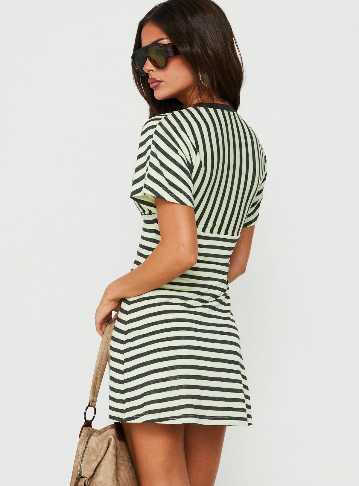 #NOVERA - Vestido Mini Arialla Verde y Gris Antracita de Rayas con Cuello en V de Manga Corta -