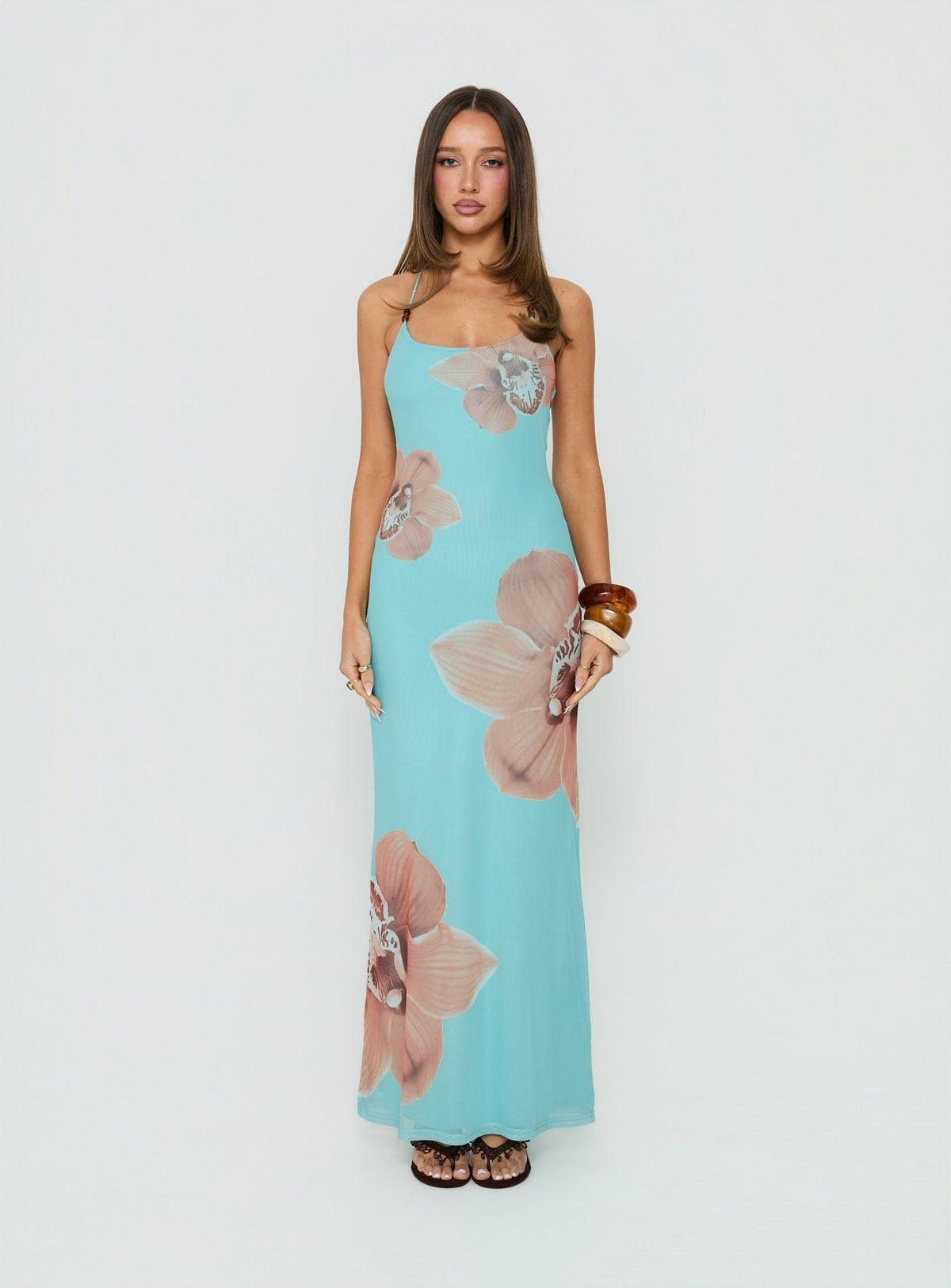 #NOVERA - Vestido Largo Kamina Turquesa con Abalorios Halter -