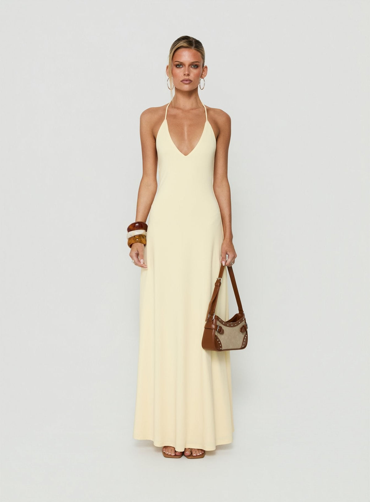 #NOVERA - Vestido Largo Palmas Amarillo Mantequilla Amarillo Halter -