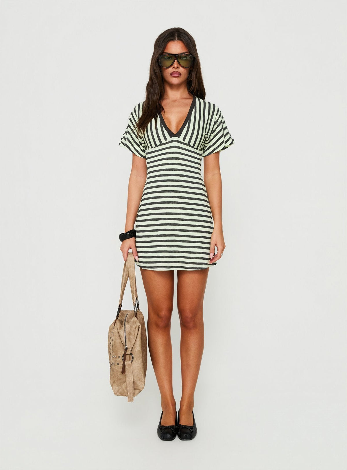 #NOVERA - Vestido Mini Arialla Verde y Gris Antracita de Rayas con Cuello en V de Manga Corta -